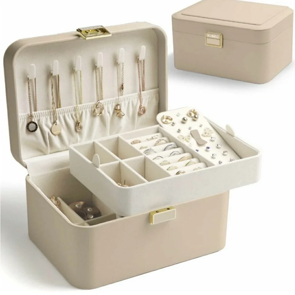 Kamier 2-Tier Beige Jewelry Box with Mirror